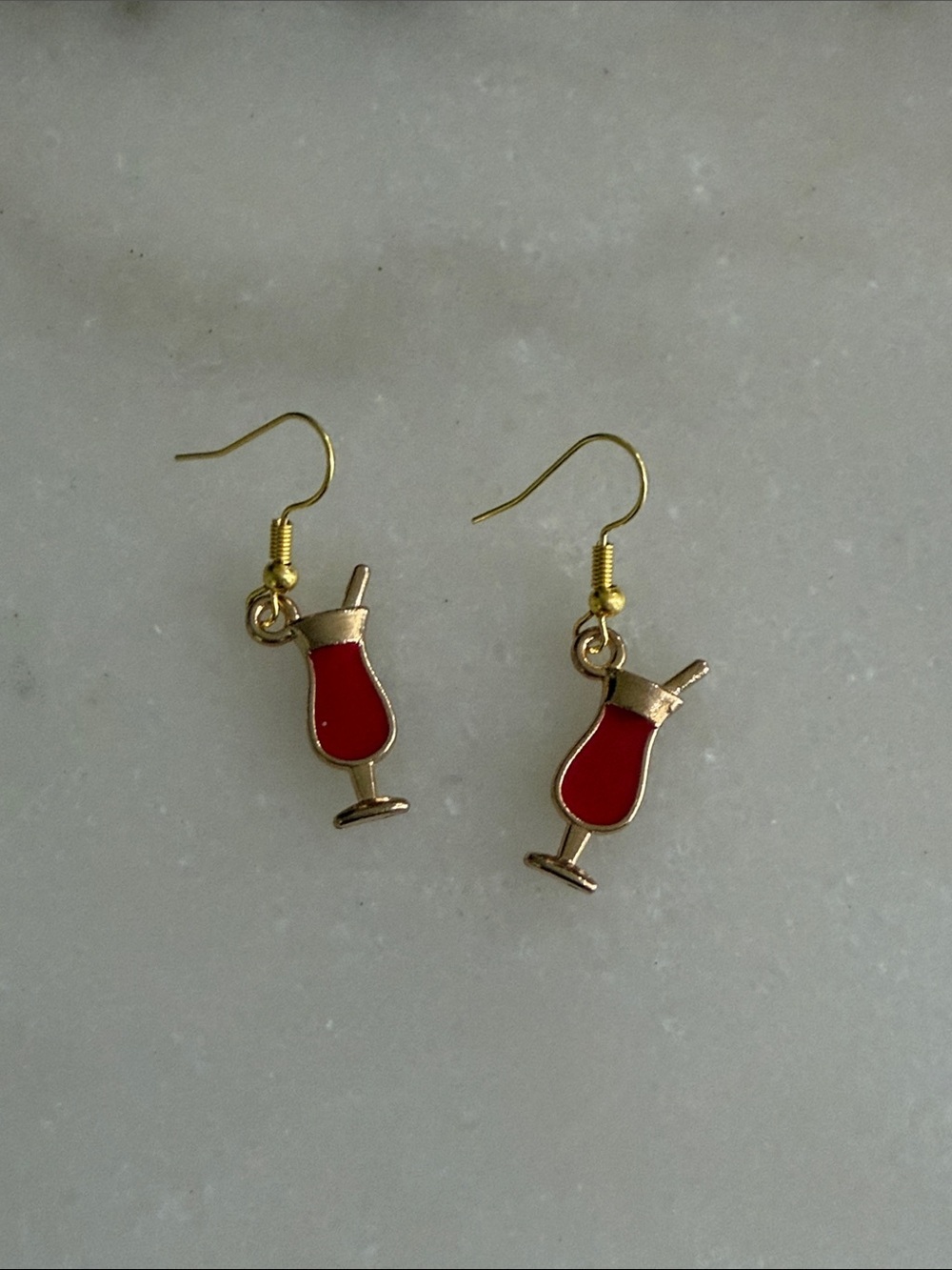 Gold-Tone Red Cocktail Glass Drop Earrings Handpainted Enamel Novelty Jewelry
